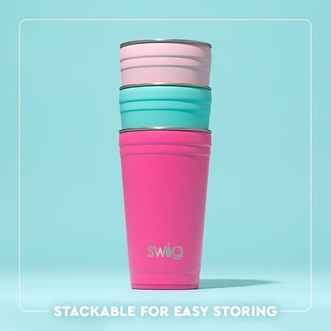 Swig Life 24oz Party Cup, Stackable Insulated Travel Coffee Tumbler with EZ Slider Lid, Cup Holder Friendly, Stainless Steel 24 oz Tumbler, Reusable Coffee Mug (Saturdays in Columbus)