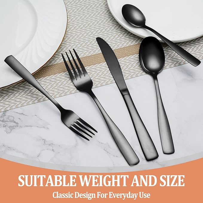 40 Pcs Black Silverware Set, Stainless Steel Flatware Set for 8, Food-Grade Cutlery Set, Mirror Polished Tableware Eating Utensils Set for Home Kitchen, Include Knife Fork Spoon Set, Dishwasher Safe