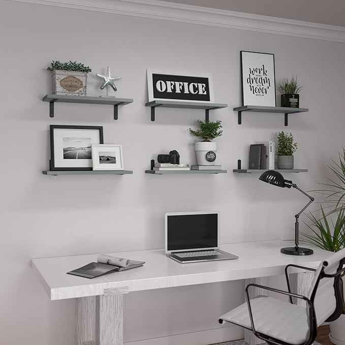 WOPITUES Wood Floating Shelves Set of 6, Shelves for Wall Decor, Farmhouse Shelf for Bedroom, Bathroom Storage Shelves, Book Shelves for Living Room-Grey