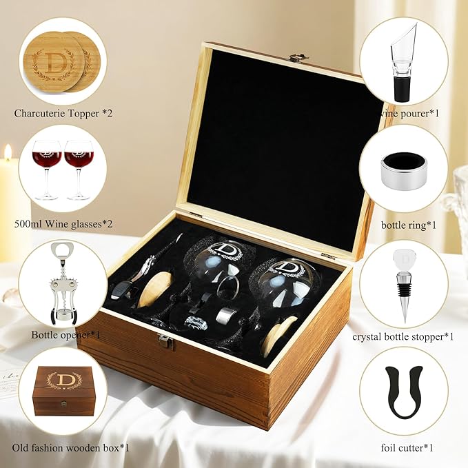 GZLDGIFTS Personalized Initial Wine Glasses Box Gift Set For Women Mom Engraved Birthday Monogrammed Wooden Christmas Gifts Wedding Anniversary Wine Couples Stopper Opener Initial Letterr (K Set)