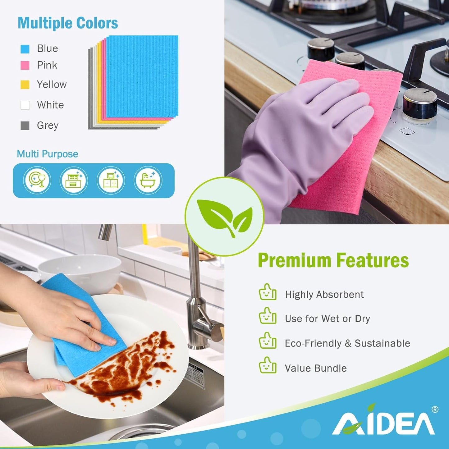AIDEA Swedish Dishcloths for Kitchen-10PK, Absorbent Sponge Dish Cloth, Dishcloths for Washing Dishes, Reusable Paper Towels Dish Cloths, Swedish Towels for Home, Kitchen, Glass, 7" x 6"