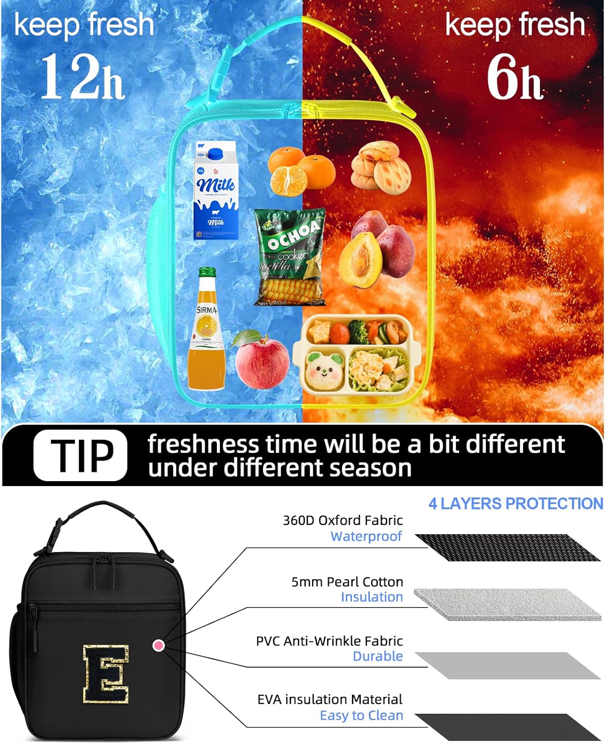 Initial Insulated Lunch Bag for Boys Kids, Back to School Gift, Reusable Leak-proof Lunch Box with Adjustable Strap for School Daycare Travel Picnic(Black,E)