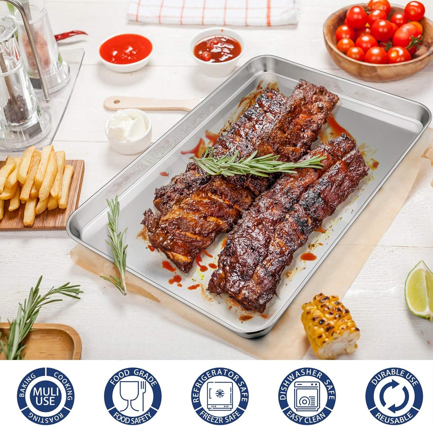P&P CHEF 16 Inch Baking Cookie Sheet, Oven Pan Tray Stainless Steel Sheet Pan for Kitchen, Oven Bakeware for Multi Uses, Shiny Look & Dishwasher Safe, Healthy & Heavy Duty, 3Pcs