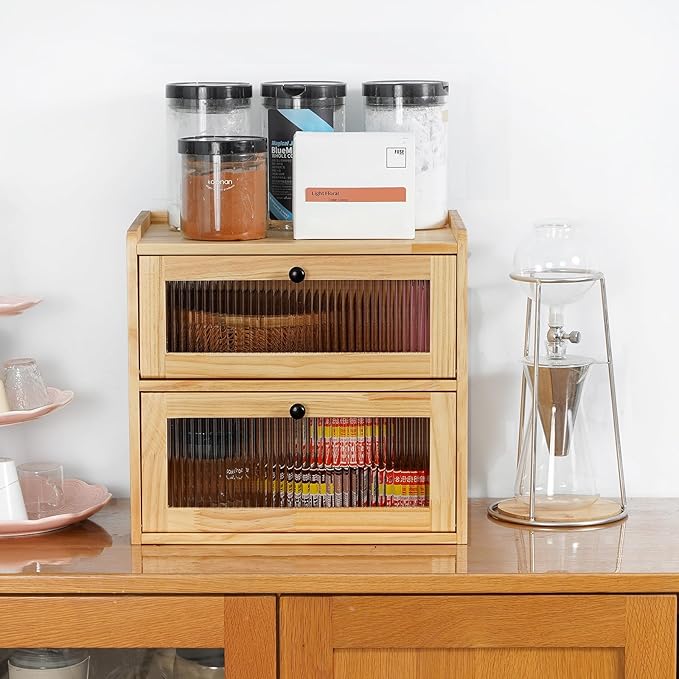 Sunhoo Bread Box for Kitchen Countertop Wooden Bread Storage Container Bin 2 Layer Breadbox Holder Large Capacity Keeper Vintage Farmhouse Food Organizer Pantry Shelf Acrylic Window(Wood color)