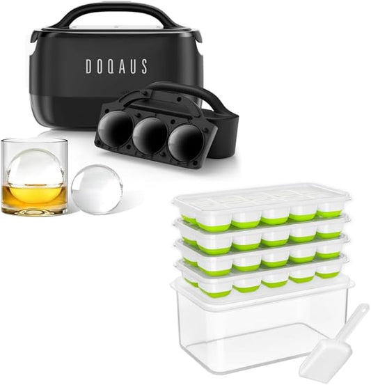 DOQAUS 2.5 Inch Clear Ice Ball Maker & 4 Pack Ice Cube Trays with Bin