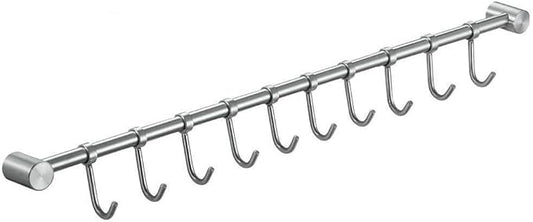 Premium Stainless Steel Kitchen Tool Utensil Organizer Bar Rack with Movable Hooks for Pan Pot Spoon Towel (Traditional, 11 Hooks)