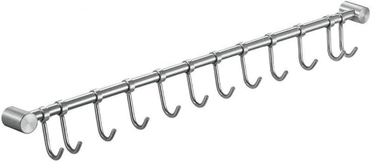 Premium Stainless Steel Kitchen Tool Utensil Organizer Bar Rack with Movable Hooks for Pan Pot Spoon Towel (Traditional, 12 Hooks)