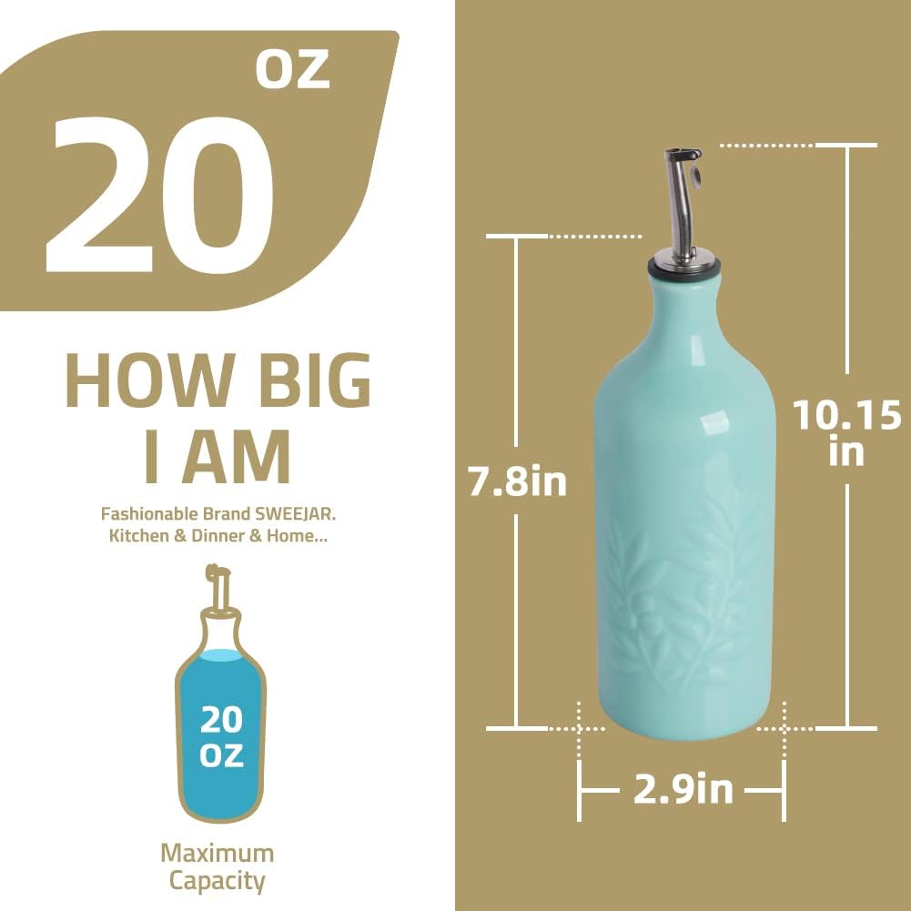 Sweejar Ceramic Olive Oil Dispenser Bottle, 20 Oz Relief Opaque Oil Cruet Protects To Reduce Oxidation, Suitable for Storage Vinegar, Soy Sauce,Liquids,Set of 2 (White Black)