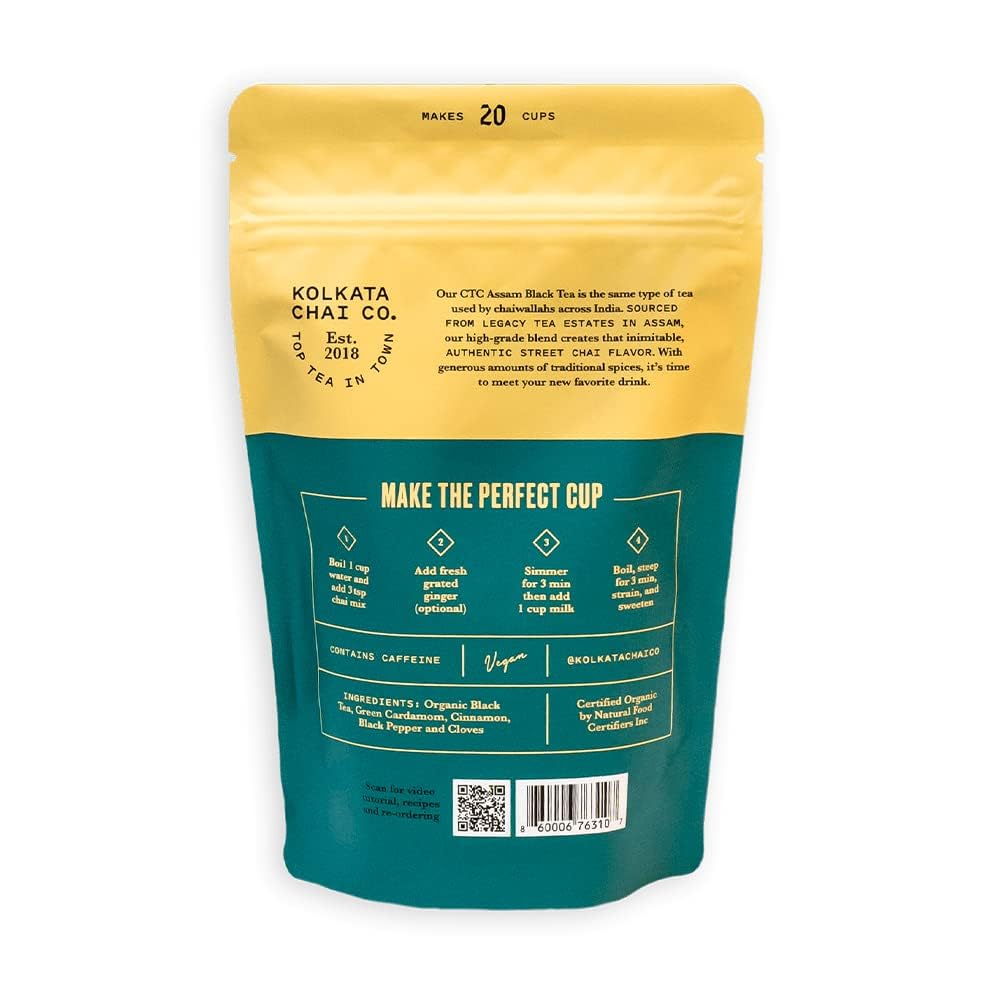 Kolkata Chai Signature Masala Chai & Decaf Masala Chai Tea, Assam Black Tea Combo Pack, Makes 40 cups, Premium loose leaf tea and spice blend, All Natural
