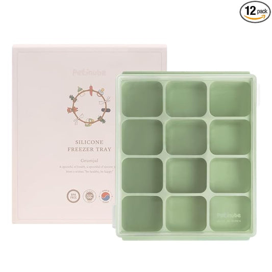 Silicone Freezer Tray, Baby Food Storage Cubes with Clip-On Lid, Freeze Baby Food, Soups, Purees, Ice, Easy and Safe Design, Made in Korea (12, Celadon Green)