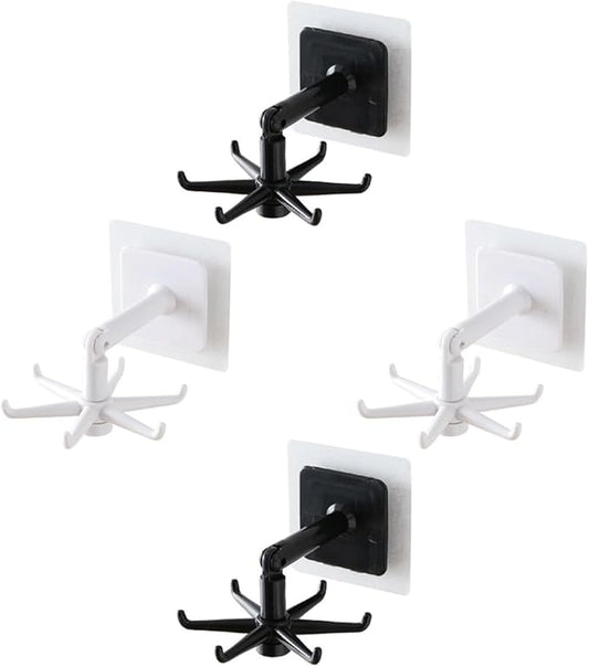 GLEAVI 4pcs 360-degree Rotatable Kitchen Utensil Hooks, Wall-Mounted Heavy Load Hanging Hooks for Kitchenware, Under Cabinet Sticky Holders in Black and White
