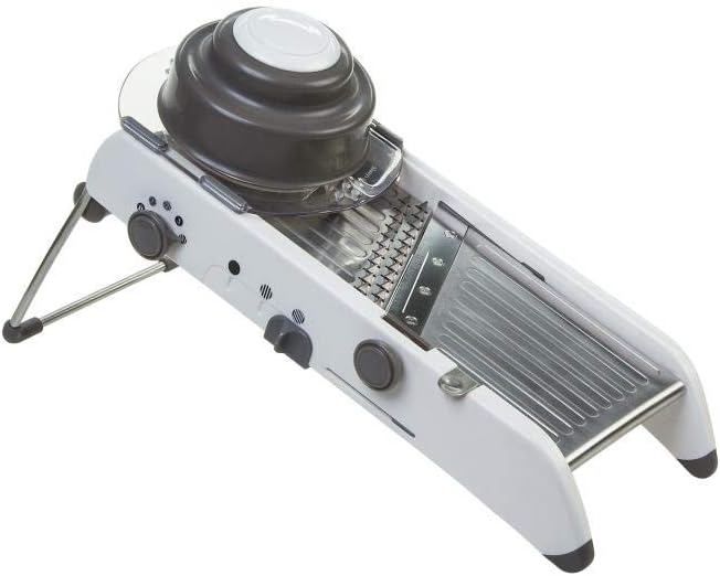 PL8 Professional Mandoline - Versatile Slicer with Adjustable Straight, Waffle, and Julienne Blades, Extra-Wide Stainless Steel Deck, Safety Hand Guard, Non-Skid Feet, and Space-Saving Design