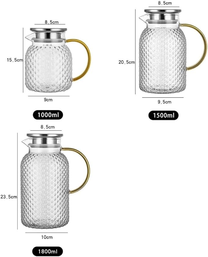 GRFIT Glass Water Pitcher with Filter Lid and Spout Pourer Heat Resistant Glass Jug for Hot and Cold Drinks Tea Bottle Ice Cream Homemade Water Jug (1.5L)