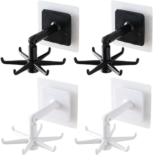 PRETYZOOM 4pcs 360-degree Rotatable Kitchen Utensil Hooks Under Cabinet Hanging Holder Set, No Drilling Wall Mount Hook for Kitchen Organization, Black and White