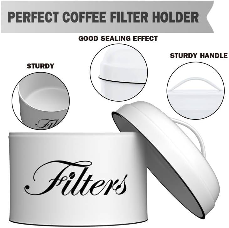 Coffee Filter Holder, White Basket Coffee Filter Storage with Lid, Round Coffee Filter Container for Counter, Rustic Farmhouse Coffee Bar Accessories Decor (White)