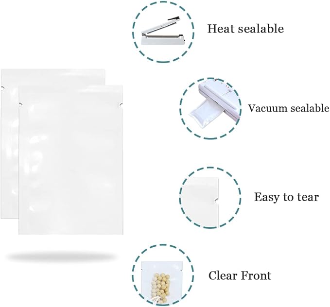 PABCK 300 Pcs 2.4x3.5 inch (Usable Size 2x3.1 inch) White Front Clear Open Top 2.8mil Plastic Heat Seal Bags Vacuum Sealable Pouch Bag for Food Storage Packets Mini Packaging with Tear Notches