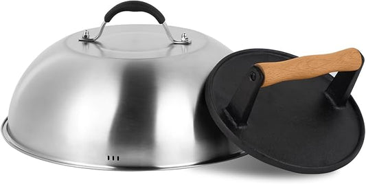SHINESTAR Cast Iron Burger Press with 12-Inch Melting Dome for Blackstone Griddle, Smash Burger Press & Basting Cover Set, Flat Top Grill Accessories for Bacon, Cheese Melting, Indoor Outdoor Cooking