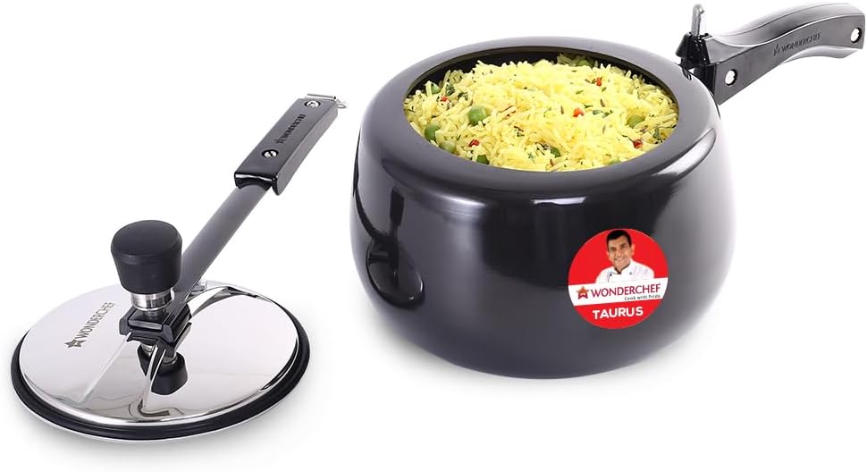 Wonderchef Taurus Hard Anodized Inner Lid Pressure cooker, 3 liter, Cool Touch Handles for Durability, Induction Friendly, 5 year warranty, ISI Certified3 LitresBlack