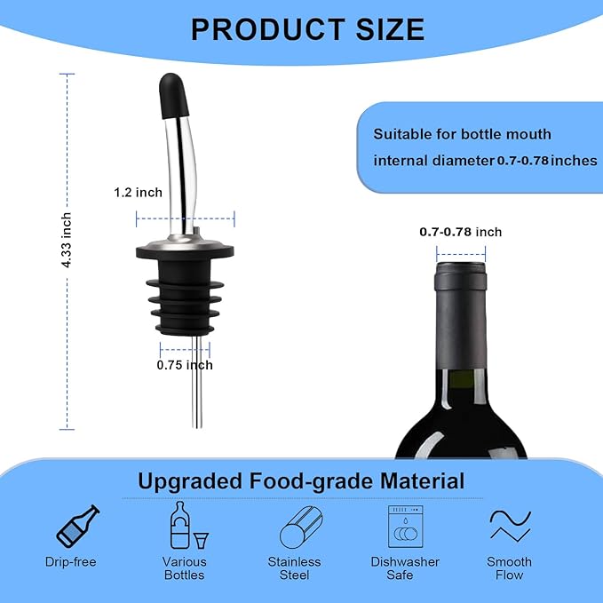 6PCS Liquor Bottle Pourers, Stainless Steel Olive Oil Spouts, Bottle Pourers for Alcohol, Olive Oil, With Dust Caps Liquor Pour Spout