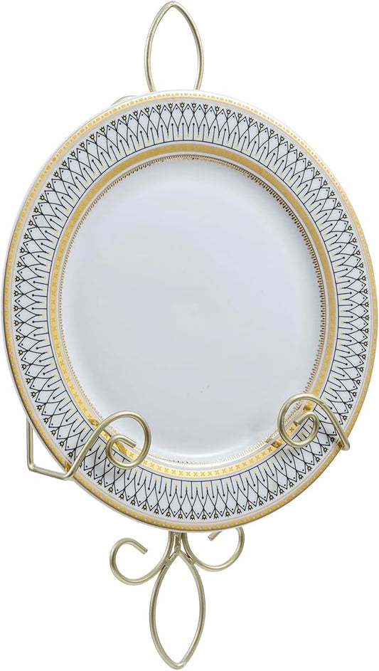 MyGift Wall Mounted Brass Tone Metal Wire Vertical Collectible Plate Holder, Decorative Vintage Scrollwork Hanging Rack Holds Single 9 to 13 Inch Plates
