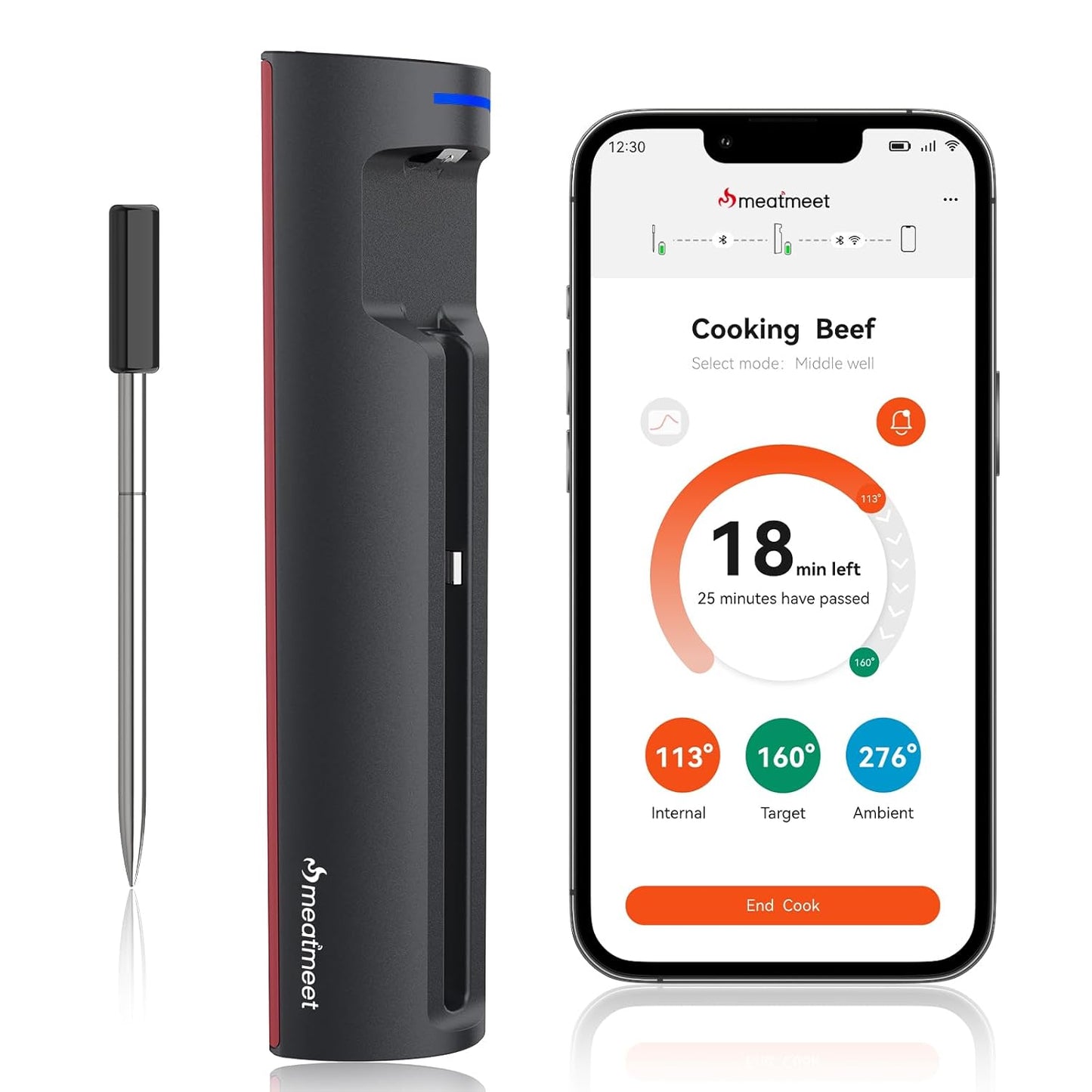 Pro Smart WiFi Wireless Meat Thermometer, Unlimited Range, Improved Stability, Ultra-Thin Probe, Bluetooth Digital Food Thermometer for Remote Monitoring of Oven/Kitchen/BBQ/Grill/Rotisserie