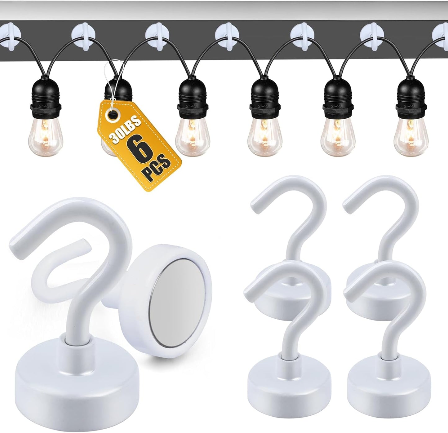 DIYMAG Outdoor Hooks for Hanging String Lights, White Magnetic Hooks Strong 30lbs+ Hanging Party Light Wall Cable 2025 Cruise Cabin Ship Essentials Heavy Duty Strong Magnets for Outside Grill 6PCS