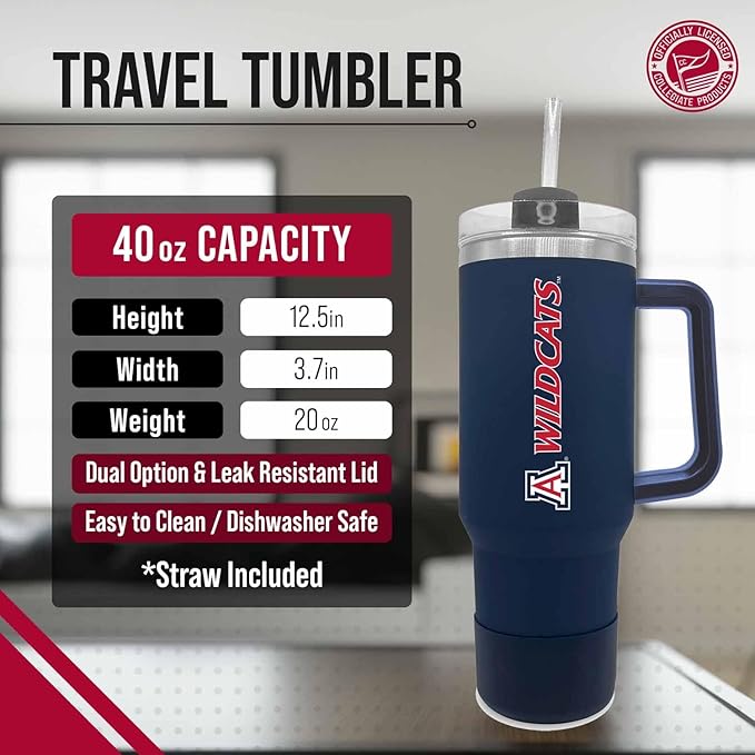 Campus Colors College & University 40 oz Travel Tumbler With Handle - Dual Option Lid With Straw - Vacuum Insulated Stainless Steel (Arkansas Razorbacks - Cardinal)