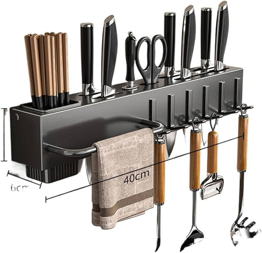 New Multi-Functional Kitchen Rack Home Wall-Mounted Knives Chopstick and Spoon Storage Rack Punch-Free cookware draining Rack, 40, Black