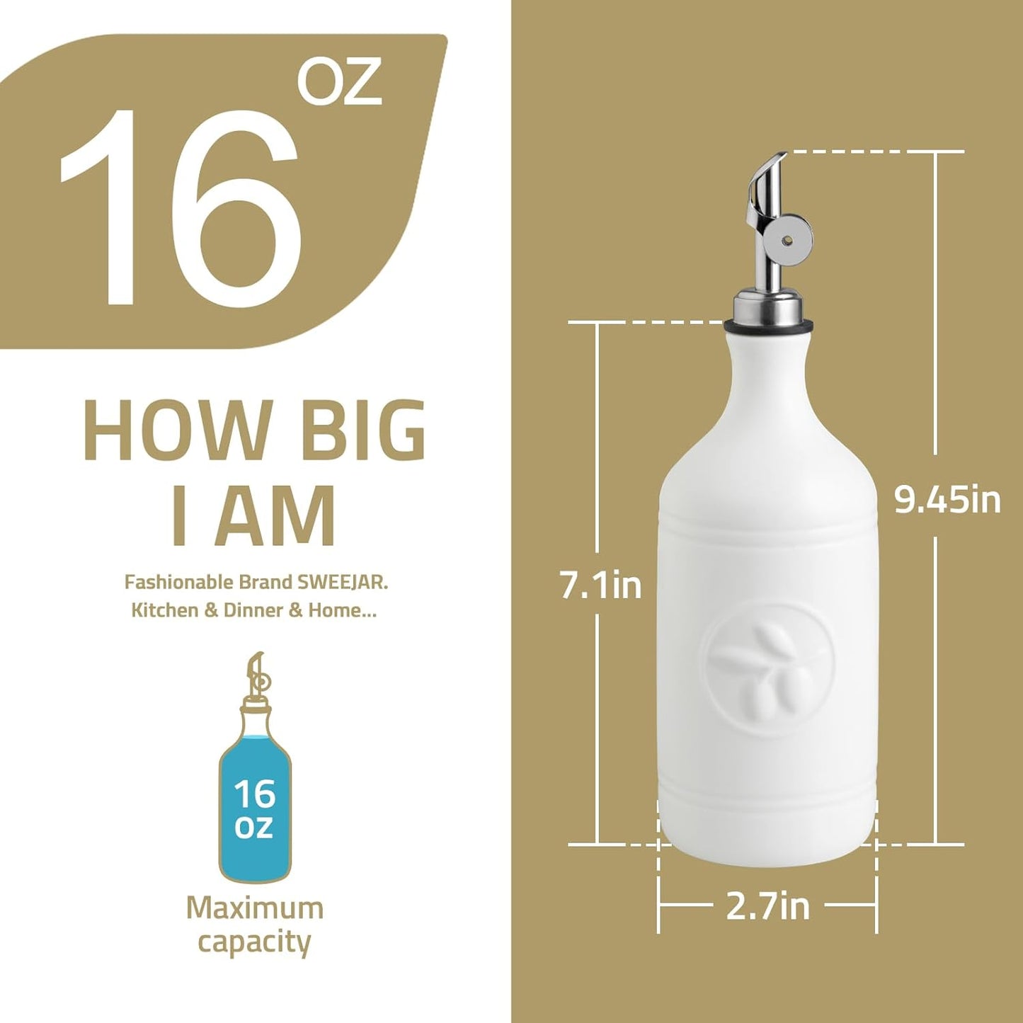 Sweejar 16 Oz Ceramic Olive Oil Dispenser Bottle, Oil Dispenser for Kitchen with Gravity Spout, Relief Opaque Oil Container for Evoo, Avocado Oil, Vinegar, Soy Sauce, 1 Pack(Red, Silver Spout)