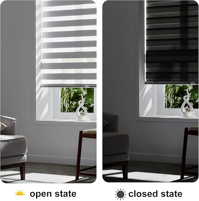 Persilux Cordless Zebra Roller Window Shades Free-Stop Roller Blinds (46" W X 47" H, Grey) Light Control for Day and Night, Light Filtering Sheer Roller Shades for Windows, Easy to Install