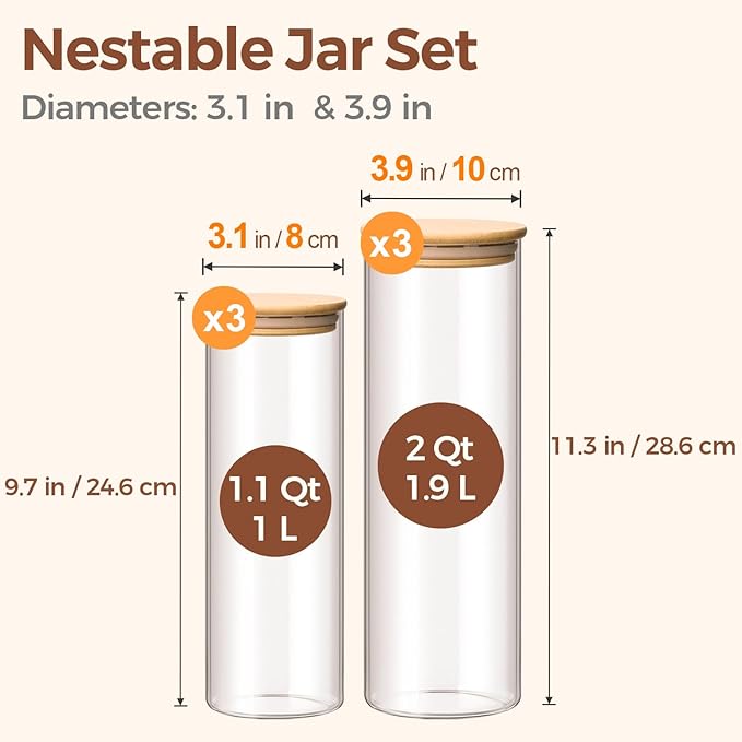 ComSaf Glass Food Storage Jars Set of 6, Tall Glass Storage Containers with Lids, Spaghetti Jar, Canisters Set for the kitchen, Pasta, Flour, Nuts, Oat, Coffee and Sugar Container, Pantry Organization