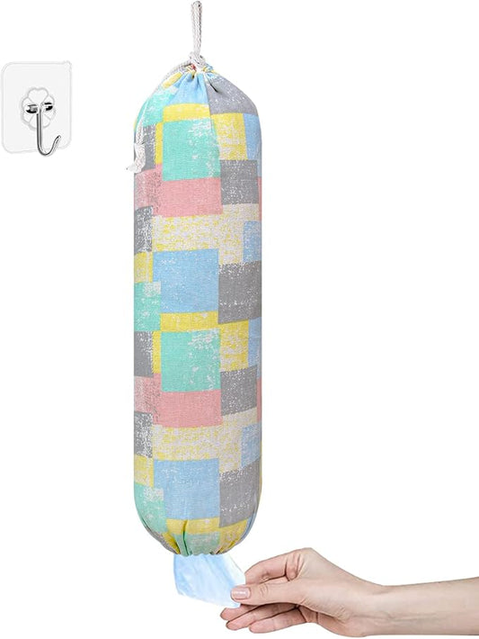 Plastic Bag Holder, Wall Mount Plastic Bag Organizer, Shopping Bags Carrier, Washable Large Grocery Bag Storage Dispenser for Home Kitchen Travelling, Free Adjustment with Drawstring (pink square)