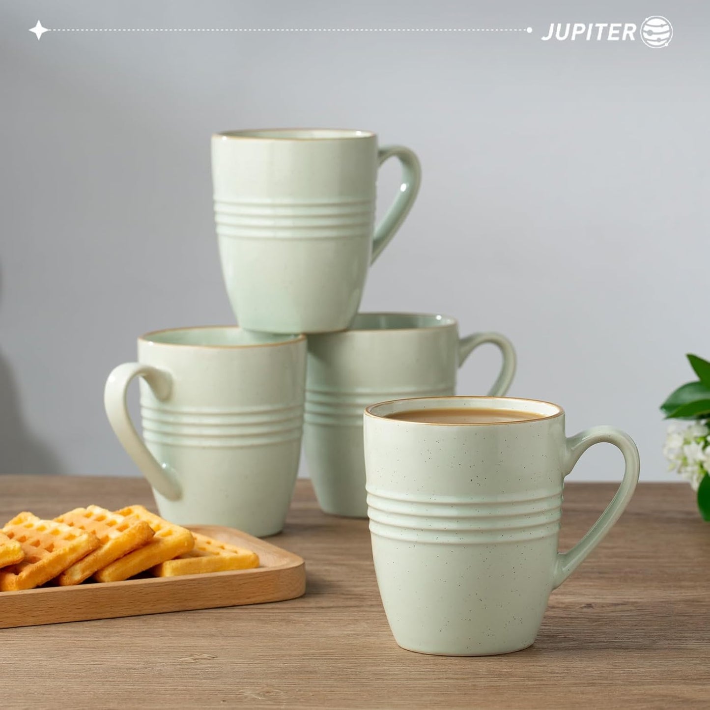 famiware Jupiter Coffee Mugs Set of 4, 14 OZ Coffee Mug, Microwave and Dishwasher Safe, Coffee Cups with Handle for Coffee, Tea, Cocoa, Milk, Light Green