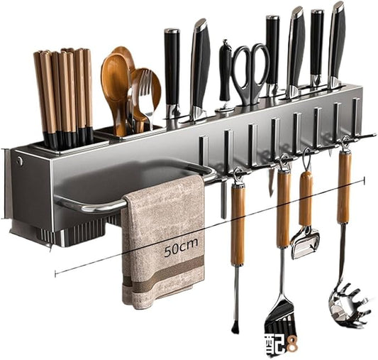 New Multi-Functional Kitchen Rack Home Wall-Mounted Knives Chopstick and Spoon Storage Rack Punch-Free cookware draining Rack