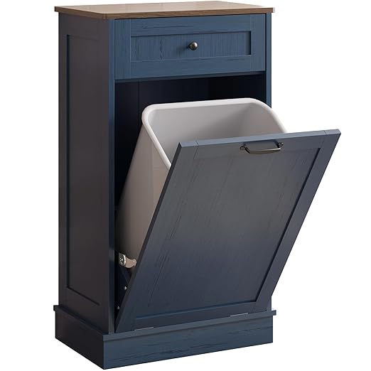 KIGOTY Tilt Out Trash Can Cabinet Trash Bin Cabinet with Hideaway Drawer Hidden Wooden Kitchen Garbage Can, Pet Proof Trash Can Holder for Kitchen (Blue-Brown)