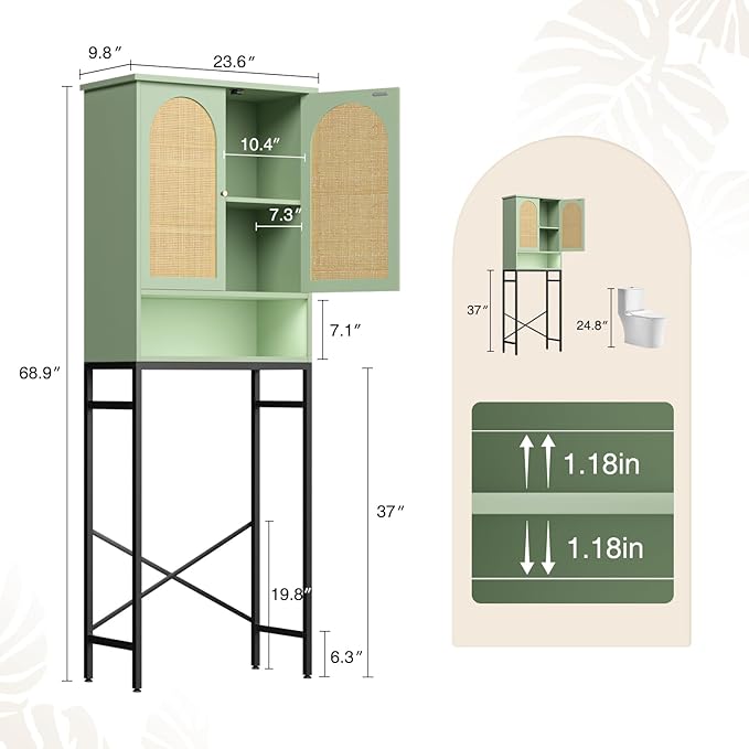Rattan Toilet Storage Cabinet, Over The Rack Wood Cabinet with Metal Stand, Bathroom Organizer with Adjustable Shelf, Space Saving Cupboard for Small Bathrooms, Washer Shelf, Green