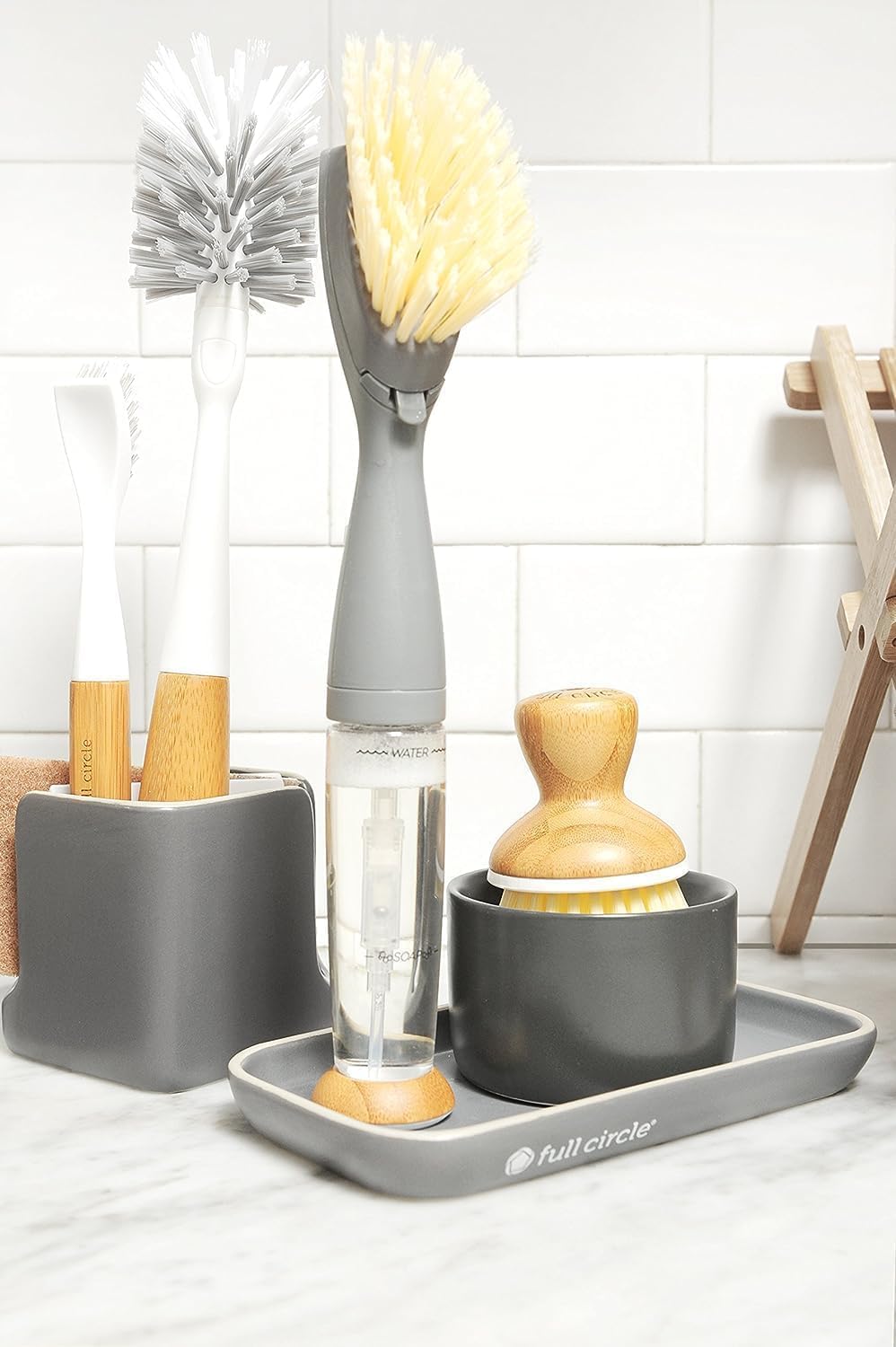 Full Circle Stash, Ceramic Kitchen Sink Caddy, Stylish Modular Sponge Holder & Dish Brush Organizer, Gray and White, 11"