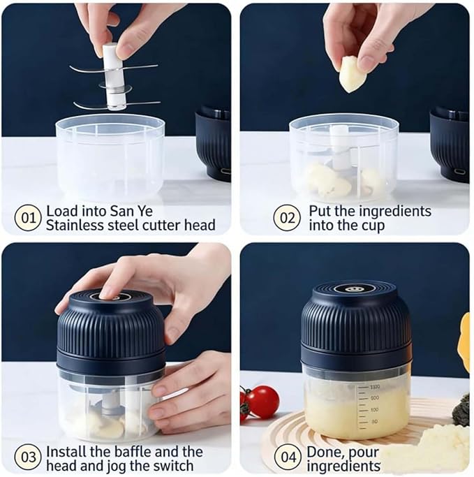 Household Electric Garlic Crusher, Electric Garlic Chopper, Mini Portable Veggie Chopper with 4/6 Stainless Steel Blades, Wireless Rechargeable Food Cutter for Garlic, Onion, Chili (2PCS-C,320ML)