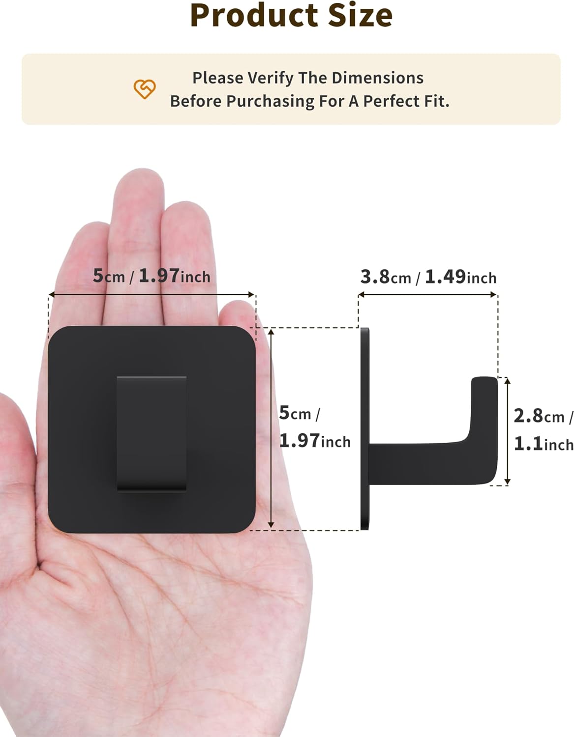Square Self Adhesive Towel Hooks - 4 Pack Matte Black Metal Hooks, Right-Angle Design for Towels, Robes & Hats, Organize Bathroom, Kitchen, Entryway, Doors, Cabinets on Smooth Surfaces