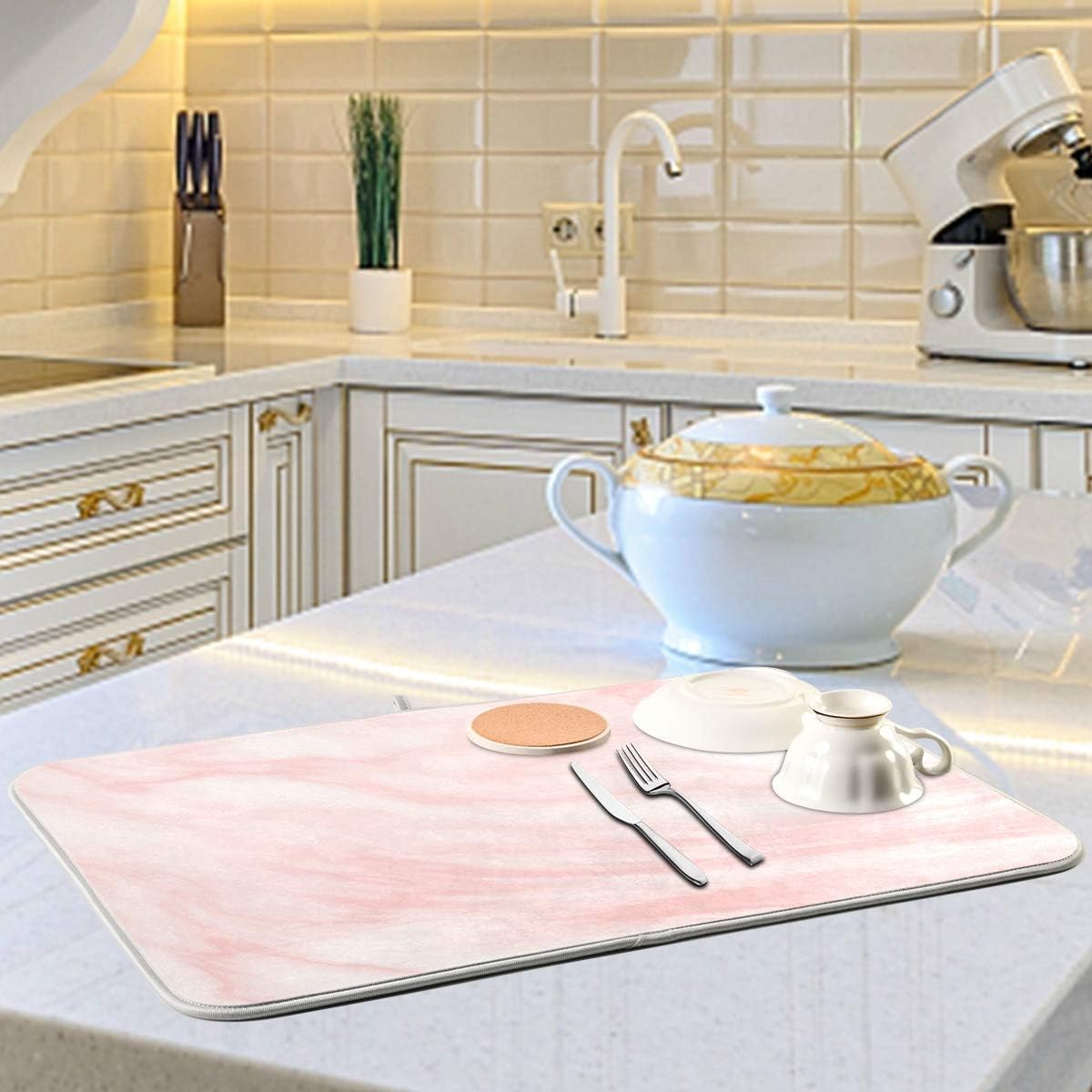 Super Absorbent Dish Drying Mat, Microfiber Fast-Drying Dish Mat, 24" x 18", Kitchen Dish Drying Pad, Pink Coral Marble