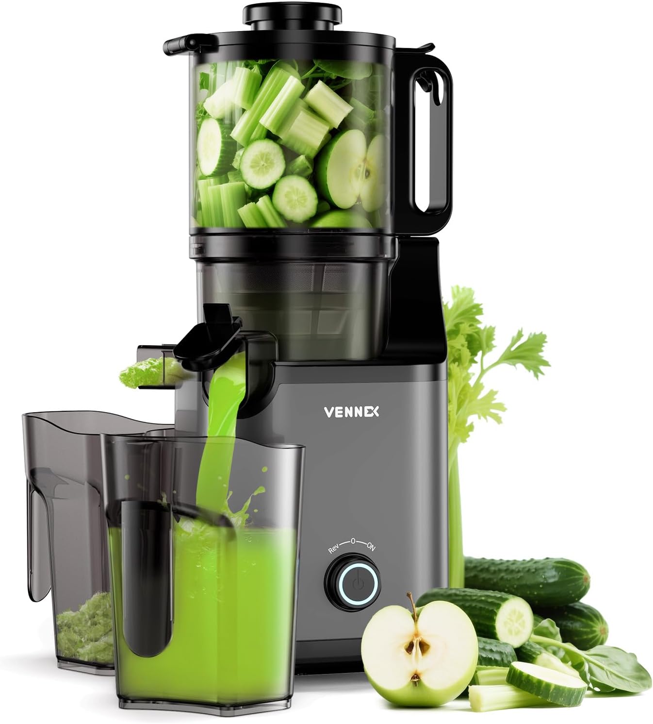 Cold Press Juicer, 5.7" Extra Large Feed Chute, Juice Extractor Machine with Dual Auger, Slow Masticating Juicer for Whole Vegetables and Fruits, High Juice Yield, Easy to Clean, BPA Free