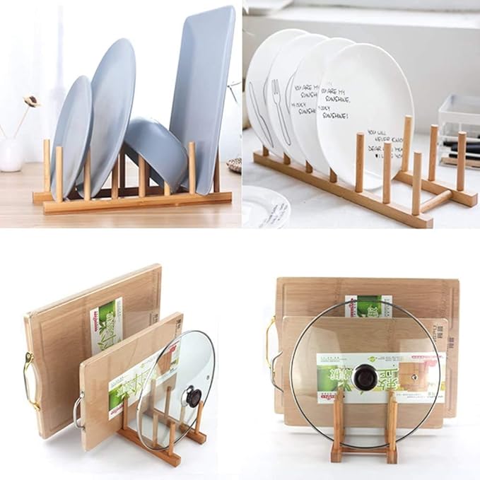 INNERNEED Bamboo Wooden Dish Rack, Vertical Plate & Lid Organizer for Kitchen Cabinet or Countertop, Drying Stand for Dishes, Cutting Boards