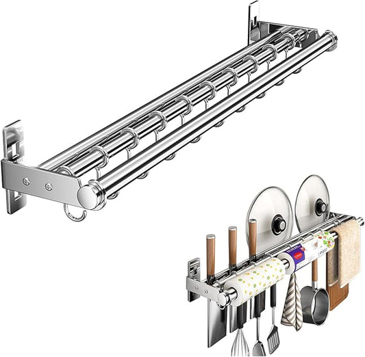 Hanging Wall Mount knife Wall Mount, Kitchen Organizer Storage Shelf for Utensils Spatula Spoon, Space-Saving Knife Rack with Hooks,Wall-Mounted Utensil Holder (Silver, 50CM+Three Poles+8Hooks)