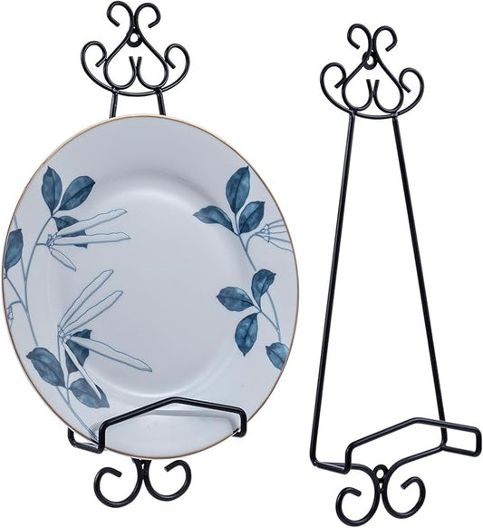 MyGift Set of 2 Vertical Hanging Collectible Plate Holders, Wall Mounted Matte Black Metal Wire Vintage Scrollwork Display Racks, Holds 8 to 11 Inch Plates