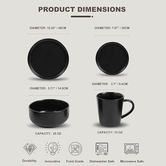 EWFEN 16-Piece Ceramic Dinnerware Sets with Mugs for 4, Black Plates and Bowls Set with Classic Design, Scratch Resistant Dishes Set, Dishwasher & Microwave Safe