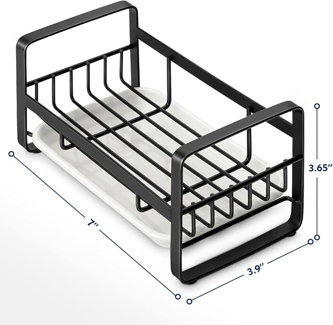 HULISEN Kitchen Sink Sponge Holder, 304 Stainless Steel Kitchen Soap Dispenser Caddy Organizer, Countertop Soap Dish Rack Drainer with Removable Drain Tray, not Including Dispenser and Brush, Black