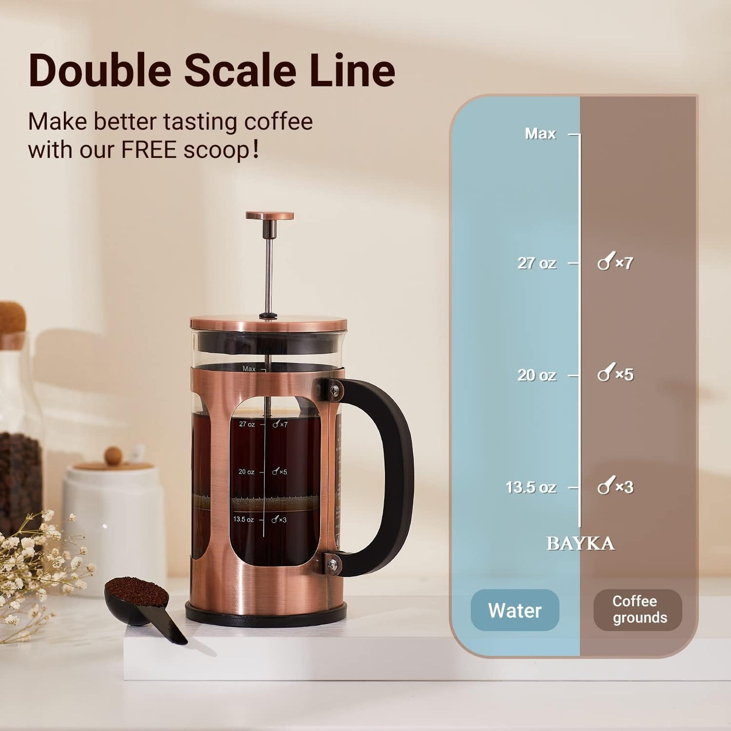 BAYKA 34oz 1 Liter French Press Coffee Maker,Mothers Day Gifts for Mom,Coffee Lover Gift,Heat Resistant Thickened Borosilicate Glass Stainless Steel Brewer,Cold Brew Cafetera Teapot for Kitchen,Copper