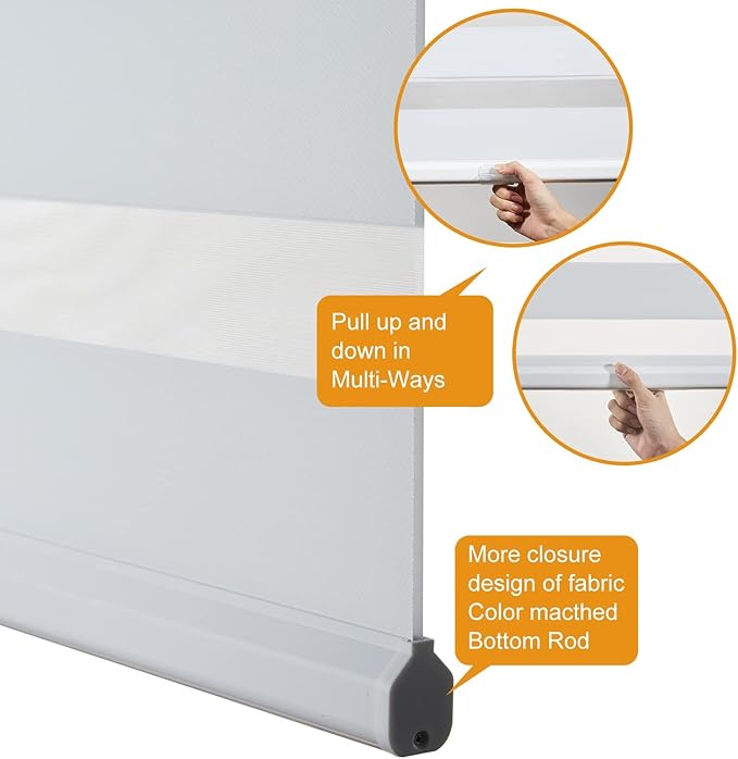 Persilux Cordless Zebra Blinds for Windows Shades (30.5"W x 72"H, White) Dual Layer Fabric for Day and Night Thermal Roller Shades, Free-Stop Room Darkening Sheer Shades for Home, Office and Bedroom
