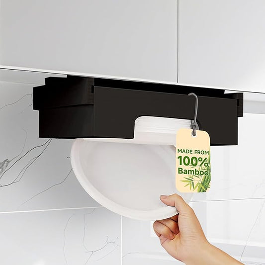 Bamboo Paper Plate Dispenser 9 inch - Wooden Paper Plate Dispenser Under Cabinet, Kitchen Countertop Vertical Plate Holder Organizer Black