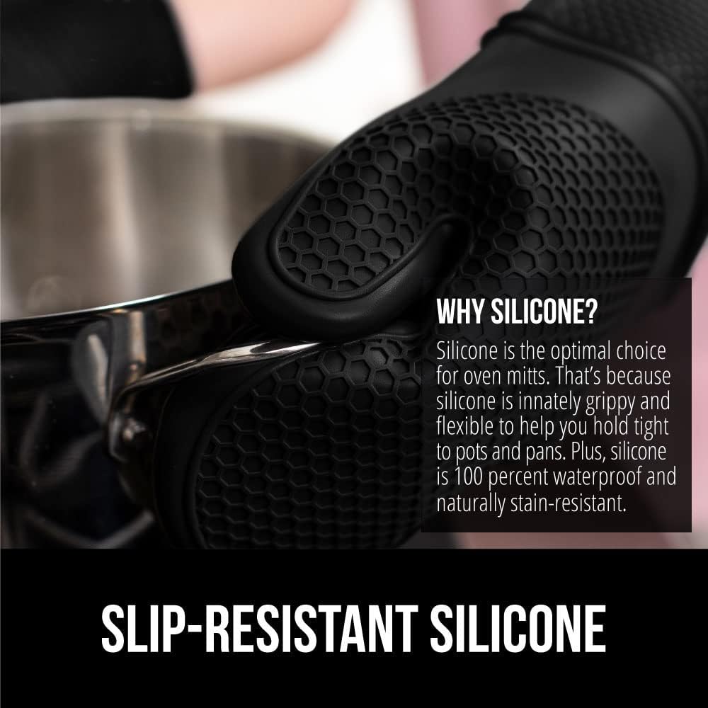 GORILLA GRIP BPA-Free Soft Silicone Oven Mitts, Heat Resistant and Waterproof Cooking Gloves, Thick Cotton Lining, Flexible Gripping for Baking Grilling, Kitchen Potholders Set of 2, 12.5x8.3, Black